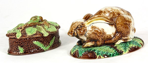 (lot of 2) George Jones figural majolica match boxes: (lot of 2) George Jones figural majolica match boxes with strikers, circa 1868, consisting of a box depicting a rabbit in repose glazed in brown and white and resting on a brown and green oval base wi