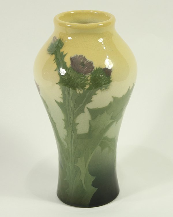 Rookwood Iris glaze art pottery vase: Rookwood Iris glaze art pottery vase, by Sara Sax, 1906, of shouldered form, having hand painted thistles on a shaded ground going from pale mustard to dark green, with impressed marks 'RP', and flame