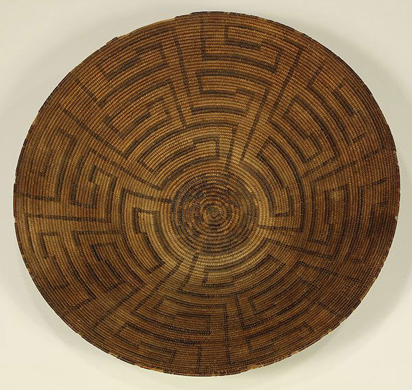 Large Pima basket: Large Pima basket, having a tapered form and decorated with repeating geometric designs, 21.5"dia.