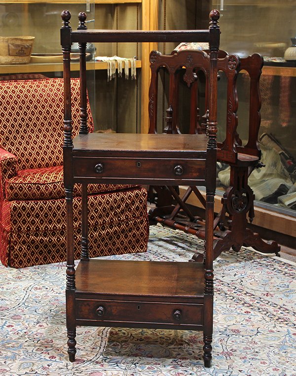 Victorian mahogany etegere, second half 19th century,: Victorian mahogany etegere, second half 19th century, having three tiers, with turned supports, and having two drawers, 47"h x 20"w x 15.5"d. Provenance: From the Pittsburgh, PA estate of Richard Mell