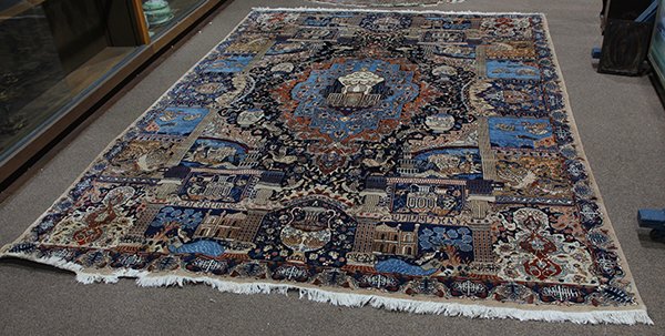 Persian pictorial Tabriz carpet, centering a medallion: Persian pictorial Tabriz carpet, centering a medallion depicting a building and birds, surrounded by foliate designs and mythological scenes with birds, animals, and architectural elements, the border