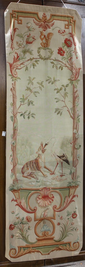 Pair of Aubusson tapestries in the Rococo taste: Pair of Aubusson tapestries in the Rococo taste, hand woven depicting scenes from Aesop's Fable 'The Fox and the Crane', originaly purchased at Nahigian Brothers, Inc. Chicago, 98'' x 32''
