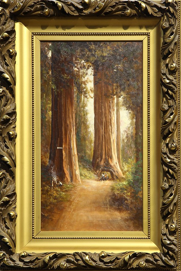 Painting, Thomas Virgil Troyon Hill: Thomas Virgil Troyon Hill (American, 1871-1922), Figures Traveling Through the Redwoods, oil on canvas, signed lower right, 28"h x 15.5"w, overall (with frame): 39"h x 26.25"w