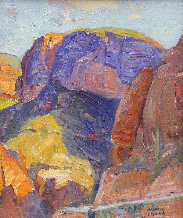 Painting, Maurice Logan.: Maurice George Logan (American, 1886-1977), "Western Landscape," oil on canvas board, signed lower right, gallery label (William Karges Fine Art, Carmel, CA) affixed verso, board: 18"h x 15"w, overall