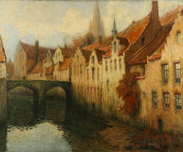 Painting, Georges Hippolyte Dilly: Georges Hippolyte Dilly (French, 1876-1942), Canal in Bruges, oil on canvas, signed lower right, canvas: 23.75"h x 28.75"w, overall (with frame): 29.5"h x 34.5"h