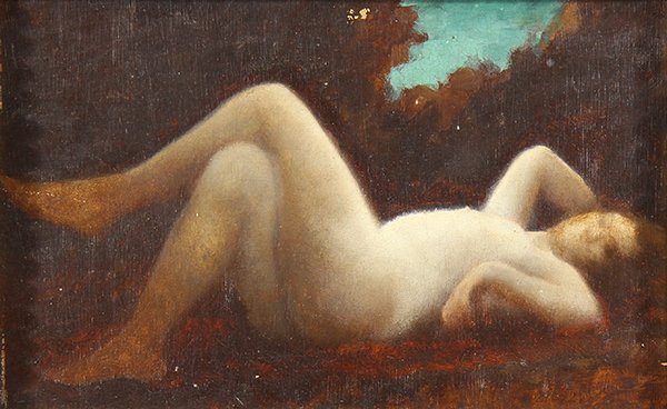 Painting, Jean Jacques Henner: Jean Jacques Henner (French, 1829-1905), Nude in Repose, oil on panel, signed and indistinctly titled verso, board: 5"h x 7.75"w, overall (with frame): 9"h x 11.75"w
