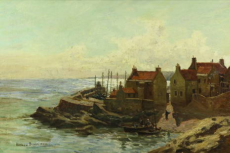 Painting, Andrew Black: Andrew Black (Scottish, 1850-1916), Coastal Fishing Village, oil on canvas, signed lower left, sight: 15.5"h x 23.5"w, overall (with frame): 23"h x 30.75"w