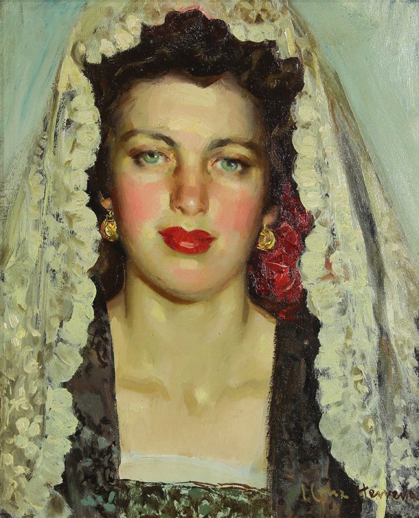 Painting, José Cruz Herrera: José Cruz Herrera (Spanish, 1890-1972), Portrait of a Lady, oil on canvas, signed lower right, canvas: 18.5"h x 15.25"w, overall (with frame): 24.5"h x 21.25"w