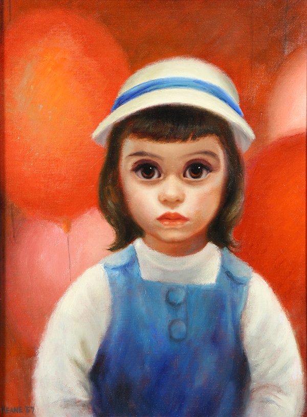 Painting by Margaret Keane: Margaret Keane (American, b. 1927), "Sunday Afternoon," 1957, oil on canvas, signed lower left and dated, canvas: 24"h x 18"w, overall (framed): 33.5"h x 27.75"w. Note: Accompanied by certificate of a