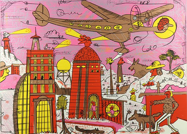 Print by Roy De Forest: Roy De Forest (American, 1930-2007), "The Story of Flight II," serigraph, pencil signed upper right, edition 30/100, image: 22"h x 29.25"w, overall (framed): 32"h x 40"w