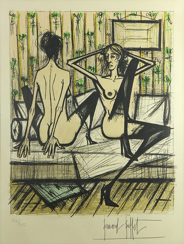 Print by Bernard Buffet: Bernard Buffet (French, 1928-1999), Jeux de Dames, 1970, lithograph in colors, pencil signed lower right, edition 136/250, image: 23"h x 18.5"w, overall (framed): 35.5"h x 28.5"w