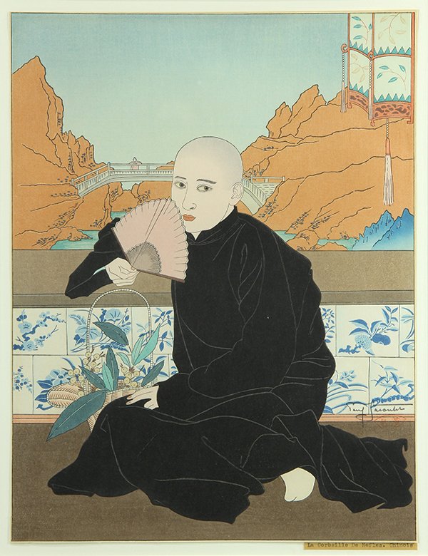 Print by Paul Jacoulet: Paul Jacoulet (French, 1902-1960), "La Corbeille de Nefles, Chinois," 1950, woodblock in colors, pencil signed lower right with seal, from an edition of 350, image: 15.5"h x 11.75"w, overall (framed):