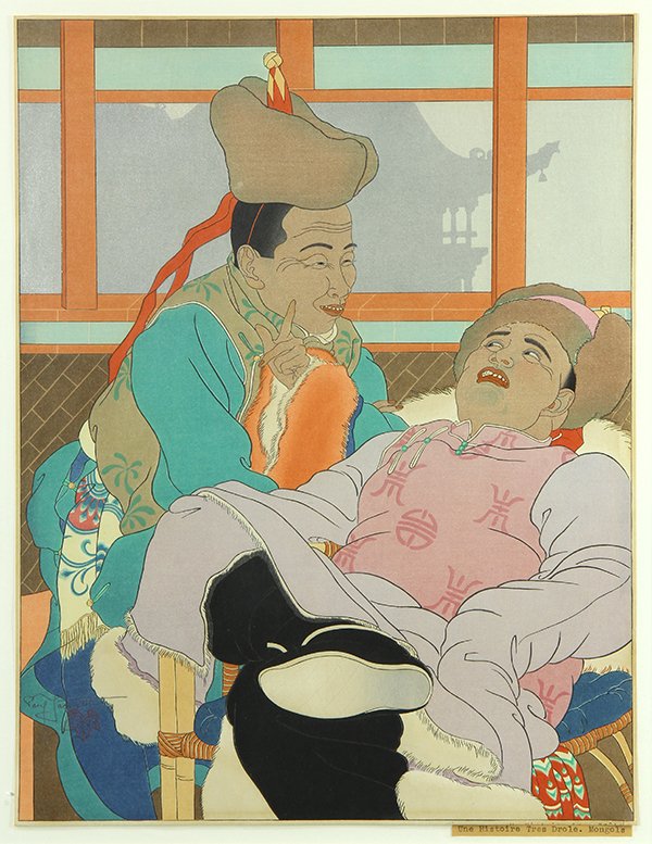 Print by Paul Jacoulet: Paul Jacoulet (French, 1902-1960), "Une Histoire tres Drole. Mongols," 1949, woodblock in colors, pencil signed lower left with leaf seal stamp, from an edition of 350, image: 15.5"h x 11.75"w, overal
