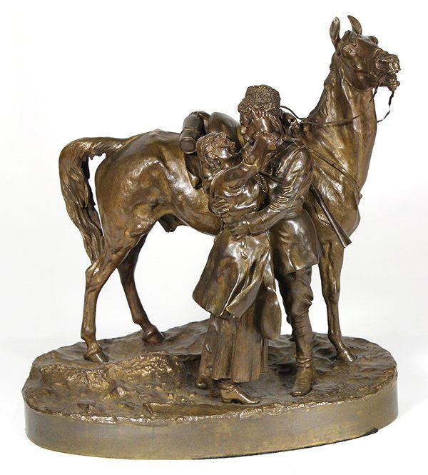 Bronze, Vassili Yacovlevitch Grachev: Vassili Yacovlevitch Grachev (Russian, 1831-1905), A Farewell Kiss, bronze sculpture, signed lower right, overall: 13"h x 12.5"w x 7.5"d. Provenance: Property from an important Northern California col