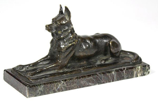 Bronze, Pierre Nicholas Tourgueneff: Pierre Nicholas Tourgueneff (French/Russian, 1853-1912), Chien Berger Allemand Couché, patinated bronze sculpture, signed lower center, foundry mark and inscribed "Susse Freres Editeurs, Paris", over