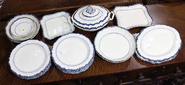 (lot of 26) Wedgwood creamware partial table service,: (lot of 26) Wedgwood creamware partial table service, each having a cobalt tassel and feathered edge, consisting of a lidded tureen, (3) serving trays, (2) square serving dishes, (9) salad plates, (6)