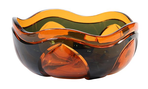 Italian art glass low bowl: Italian art glass low bowl, executed in orange and smoked grey, having a shaped top, with a flower form base, 4"h x 9"dia, retains Mallett Gallery, New York and London labels to underside Provenance: