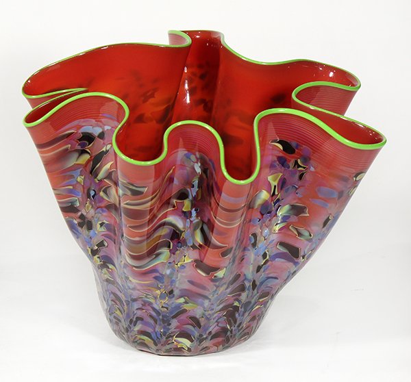 Dale Chihuly (American b: Dale Chihuly (American b. 1941) "Portland Press" glass vase, late 20th century, having a lime green lip, above a free form crimson body, accented with mottled taupe and black, signed to underside, 8"h