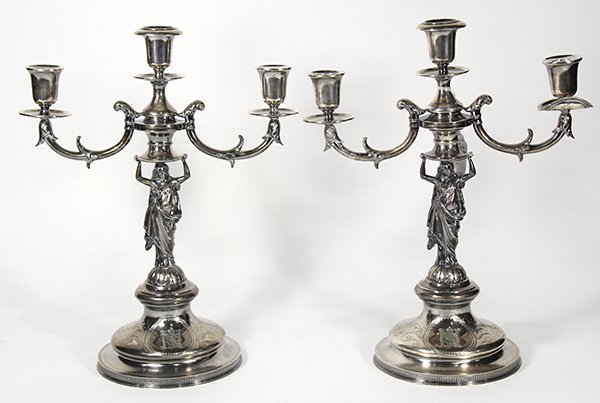 American coin silver figural candelabra by William K.: Pair of 19th century American coin silver figural candelabra, by William K. Vanderslice, San Francisco, 1858-1908, each having acanthus branches joining three receptors supported by a draped Classical
