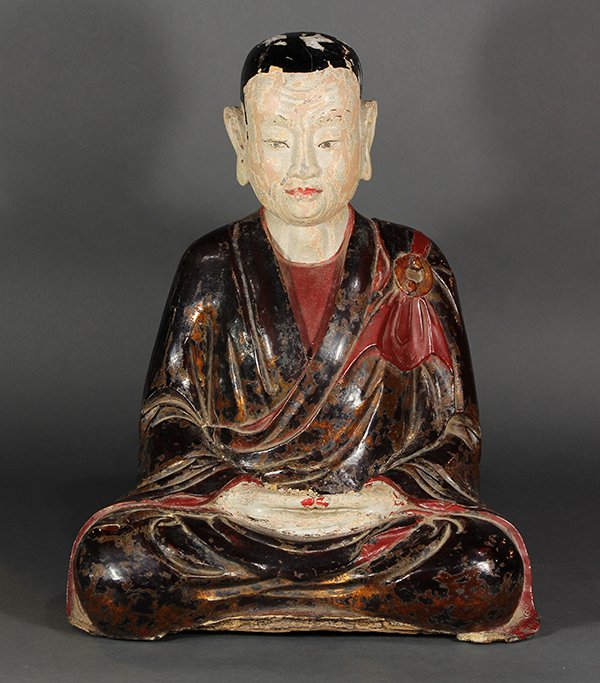 Chinese Lacquered Buddhist Monk: Chinese lacquered Buddhist figure, Qing dynasty, of a seated monk in meditation with hand in dyana mudra, 21.5"h
