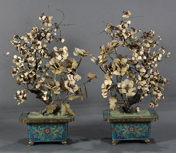 Chinese Stone Tree and Cloisonne Planters: Pair of Chinese stone trees in cloisonne enameled planters, composed of soapstone with hardstone petals and leaves, issuing from a rectangular turquoise ground, planter decorated with floral scrolls, 