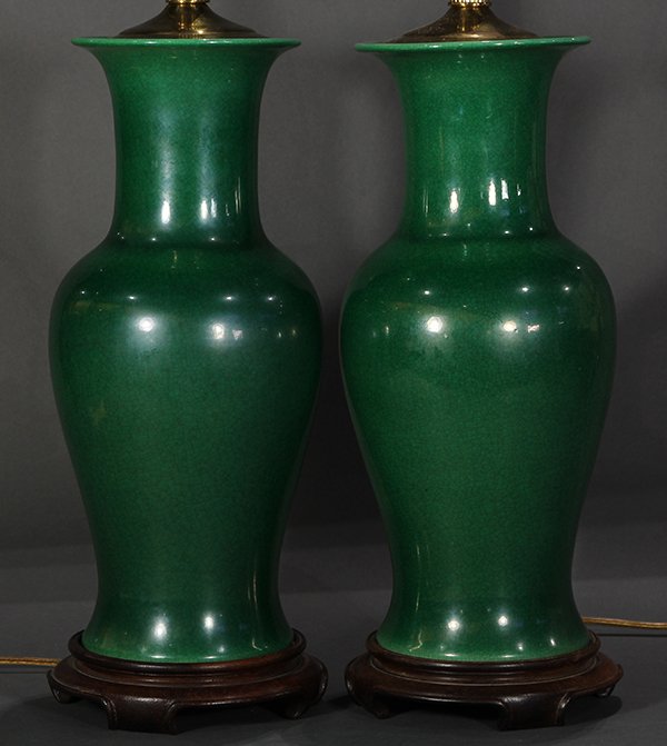 Pair of Chinese Green Crackle Glaze Vases/lamps: Pair of Chinese green crackle glaze vases, now mounted as lamps, with wood bases. Provenance: From the Pittsburgh, PA estate of Richard Mellon Scaife