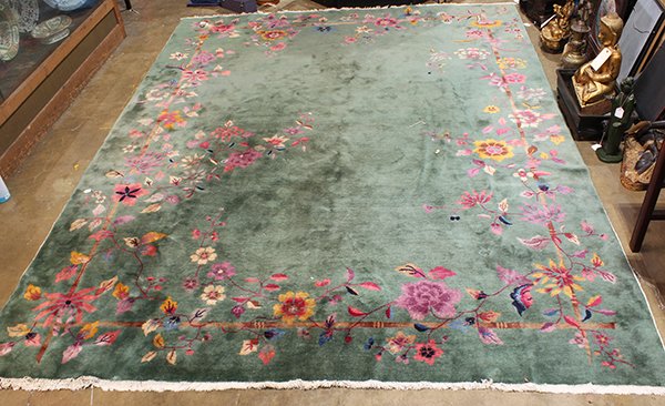 Chinese floral art deco style green rug, 11'6" x 8'10": Chinese floral art deco style green rug, 11'6" x 8'10"