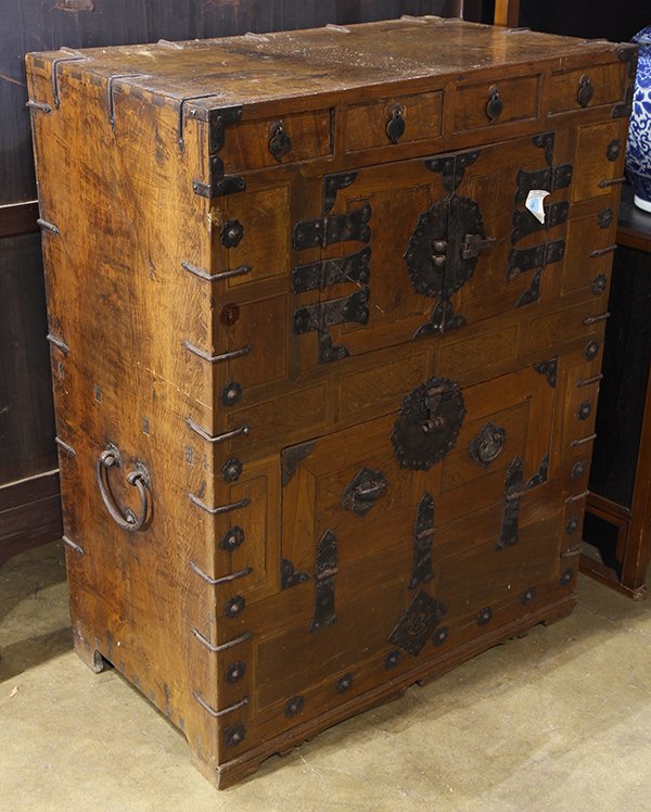 Korean Bandaji Storage Chest, Chonju -style: Korean bandaji book storage chest, Chonju-style with iron fittings, four drawers above the double doors and drop door in the center, Buddhist swastika in the lower center, with an iron handle on eithe