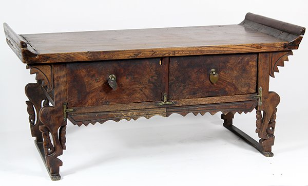 Korean Kyungsang Buddhist-style Desk: Korean Kyungsang Buddhist-style desk, with two drawers above a shaped apron and supports, approx. 11.25"h x 24.25"w x 11.75"d; Provenance: Estate of Col. George E. Goss, Hawaii and Arizona