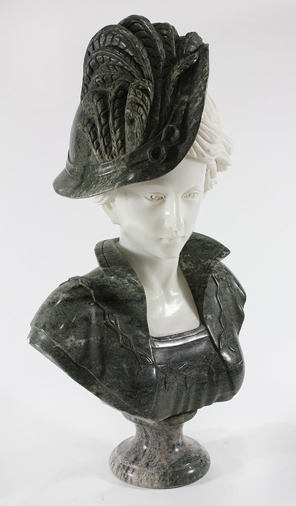 Marble figural sculpture: Marble figural sculpture, executed in variegated and parian marble, depicting a female wearing a feather accented hat, and rising on a circular base, 25"h x 14"w
