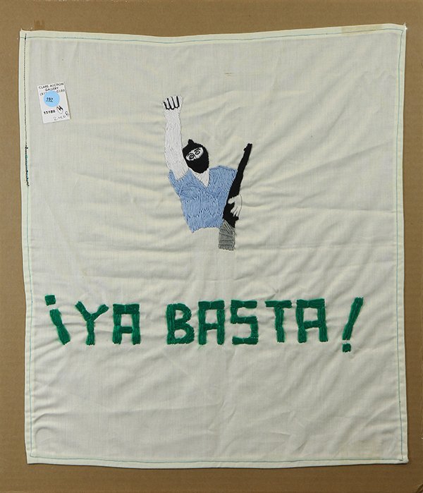 (lot of 4) Zapatista political handkerchiefs: (lot of 4) Zapatista political handkerchiefs, executed in embroidery on cotton, including an example depicting Subcommander Marcos with this fist in the air and holding a Kalashnikoff in the other han