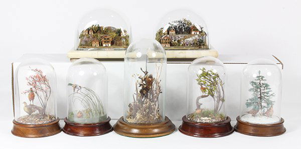 (lot of 7) Vintage miniature wildlife and architectural: (lot of 7) Vintage miniature wildlife and architectural dioramas, having glass domes and resting on marble or wood bases, comprising (2) Continental landscapes including houses and (5) examples depict