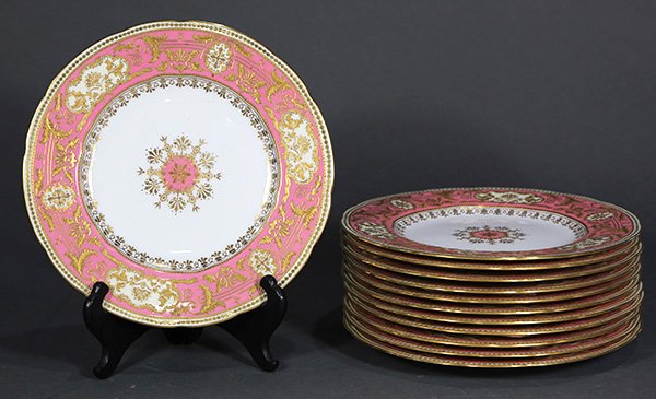 (lot if 12) Spode porcelain cabinet plates: (lot if 12) Spode porcelain cabinet plates, retailed by Tiffany & Co., each decorated with elaborate gilt enameling on a pink border, 9.5". Provenance: From the Pittsburgh, PA Estate of Richard Mellon