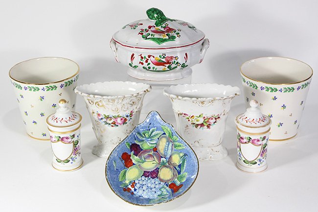 (lot of 8) Continental porcelain group 19th century,: (lot of 8) Continental porcelain group 19th century, including a pearlware fruit dish in the form of a pear with transfer decoration of fruit in the interior and a gilt rim, 2"h x 7.5"w x9"d; together