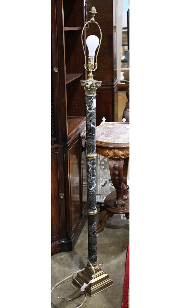 Neoclassical style brass mounted verde antico marble: Neoclassical style brass mounted verde antico marble columnar floor lamp, in the form of a Corinthian column, rising on a graduated base, 50"h. Provenance: From the Pittsburgh, PA estate of Richard Me