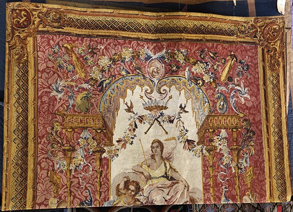Aubusson style tapestry depicting a classical genre: Aubusson style tapestry depicting a classical genre scene, 7'7" x 5'2".