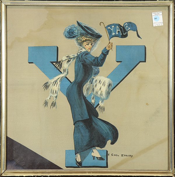 Painting, F. Earl Christy: F. Earl Christy (American, 1882-1961), Yale Girl, gouache/oil on linen, signed lower right, overall (with frame): 22.5"h x 22.5"w