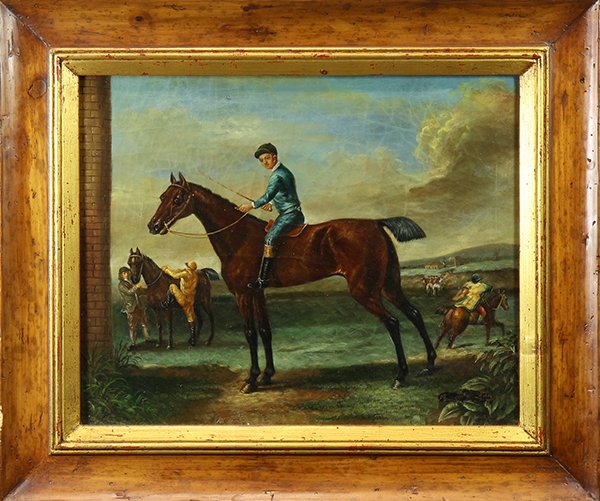 Painting, Jockey on Race Horse: Continental School (19th century), Jockey on Race Horse, oil on canvas, unsigned, canvas: 16"h x 20"w, overall: 22"h x 26.25"w