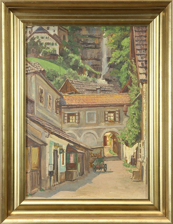 Painting, (Continental School, 20th c.): (Continental School, 20th century), Village by a Waterfall, oil on board, unsigned, overall (with frame): 23.25"h x 18"w