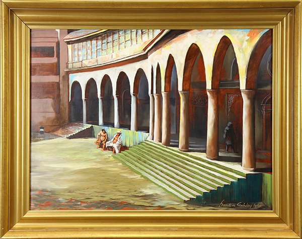 Painting, Frank Nelson Ashley: Frank Nelson Ashley (American, 1920-2007), "Facade at Santa Cruz," 1965, oil on board, signed and dated, titled verso, overall (with frame): 23"h x 29"w