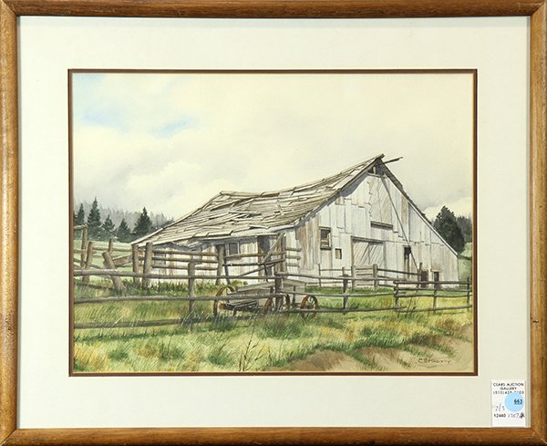 Paintings, Charles Harvey and Ann Anderson: (lot of 3) Charles E. Harvey (American, 20th century), "Barn East of Nederland (on Country Road)" & "At Taos Pueblo Taos, New Mexico," watercolors, each signed lower right/left, title labels affixed v