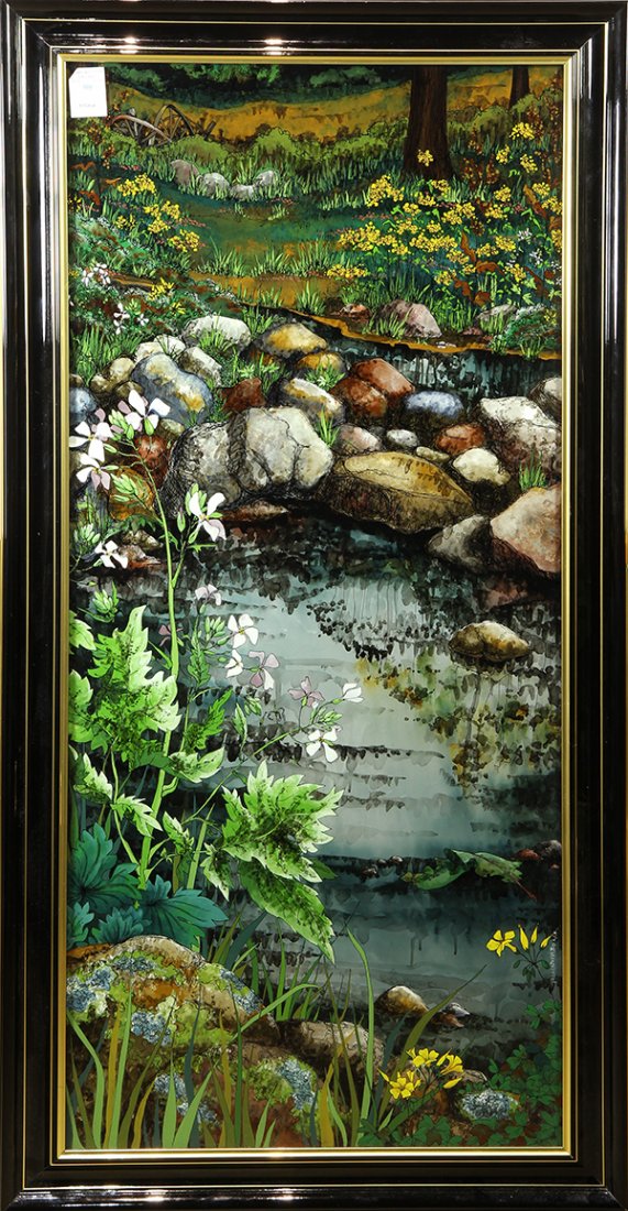 Painting, Theo Fabian Becker: Theo Fabian Becker (American, 20th century), Spring Creek, verre eglomise (mixed media), signed lower right, overall (with frame): 18"h x 40"w. Provenance: Deaccession from the Navada Museum of Art