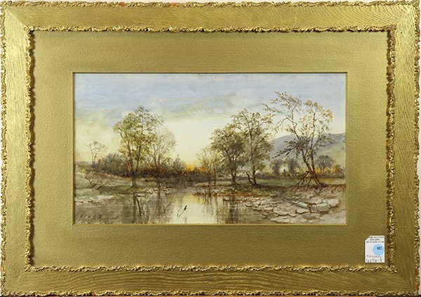 Painting, Charles D. Hunt: Charles D. Hunt (American 1840-1914), Evening View of the Lake, 1896, watercolor, signed and dated lower left, overall (with frame): 19.25"h x 27.5"w