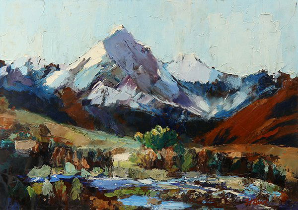 Painting, Henrietta Berk: Henrietta Berk (American, 1919-1990), Mountain Vista, oil on panel, signed lower right, overall (unframed): 14.25"h x 20.25"w