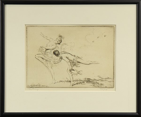 Print by Troy Kinney: Troy Kinney (American, 1871-1938), Spring Dancers, etching, signed in pencil lower left, trial proof, sight: 7.5"h x 10.25"w, overall (with frame): 13.5"h x 16"w