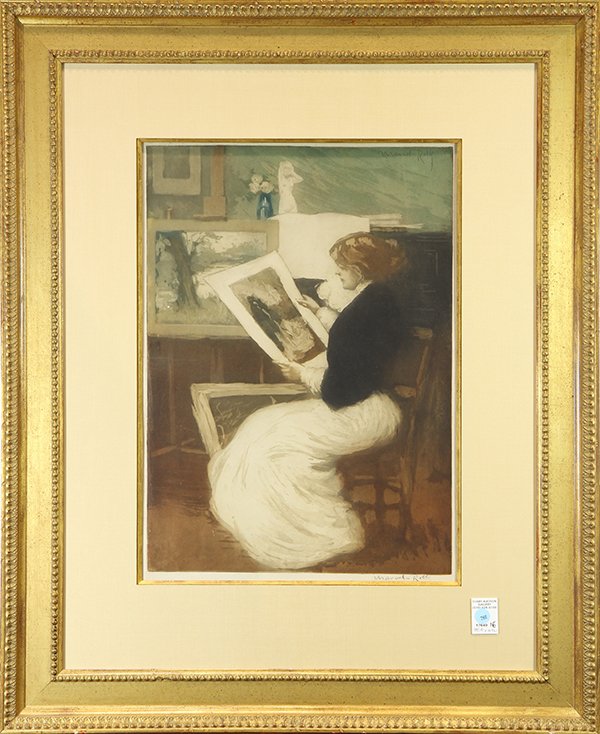 Print by Manuel Robbe: Manuel Robbe (French, 1872-1936), Femme a l'estampe, color etching with aquatint, pencil signed lower right, image: 21"h x 14.75"w, overall (framed): 35.5"h x 28.75"w