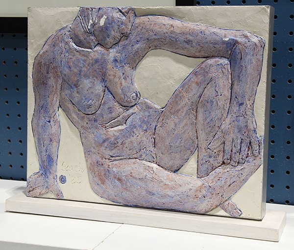 Sculpture by Prudence Leach: Prudence Leach (American, 20th century), "Purple Nude," 1985, bas relief in plaster upon a wooden base, signature inscribed and dated lower left, overall: 13"h x 17"w x 3.75"d. Provenance: Hallmark Ga