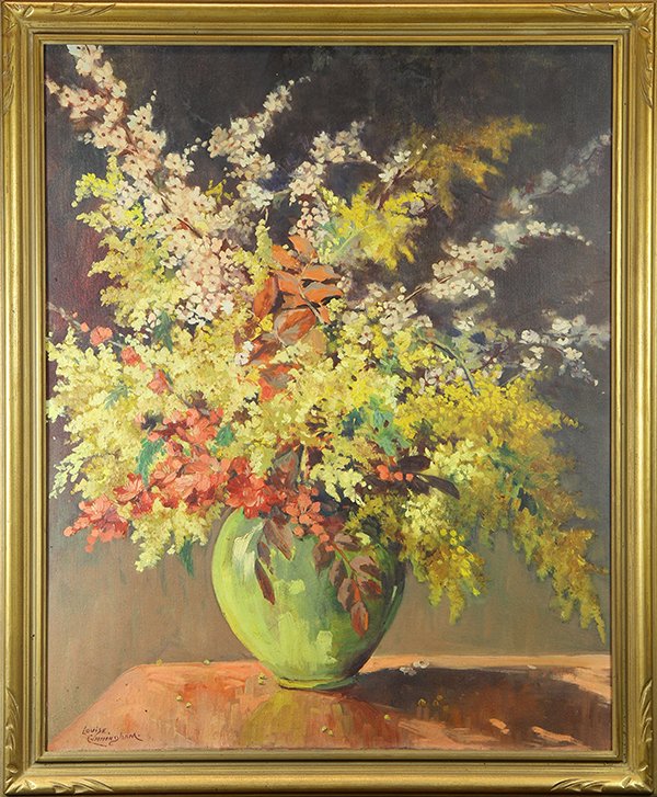 Painting, Louis H. Grossett Cunningham: Louis H. Grossett Cunningham (American, 1881-1983), Still Life with Flowers, oil on canvas (laid down to board), signed lower left, overall (with frame): 34.5"h x 28.5"w