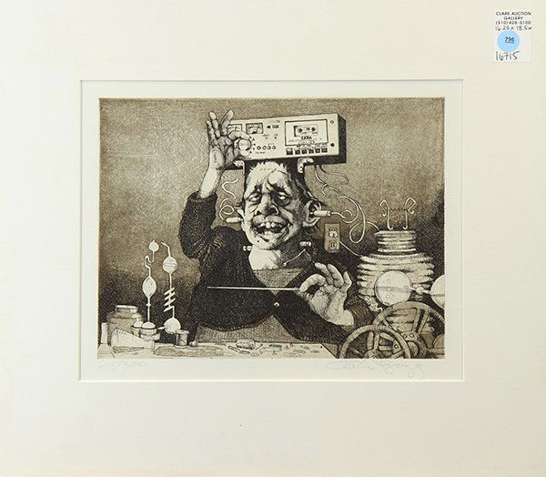 Print by Charles Bragg: Charles Bragg (American, b. 1931), Frankenstein, etching, pencil signed lower right, edition: 218/300, overall (w/matting): 16.25"h x 18.5"w