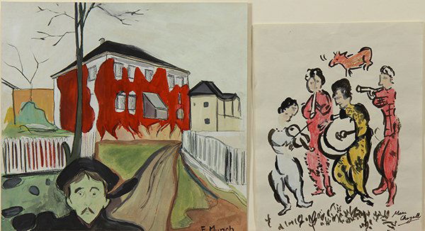 Watercolors in thte Manner of Utrillo, Munch, Chagall,: (lot of 6) In the Manner of Maurice Utrillo (French, 1883-1955), The Cathedral, gouache on paper, bears signature lower left, In the Manner of Edvard Munch (Norweigan, 1863-1944), The Perplexed Man, w